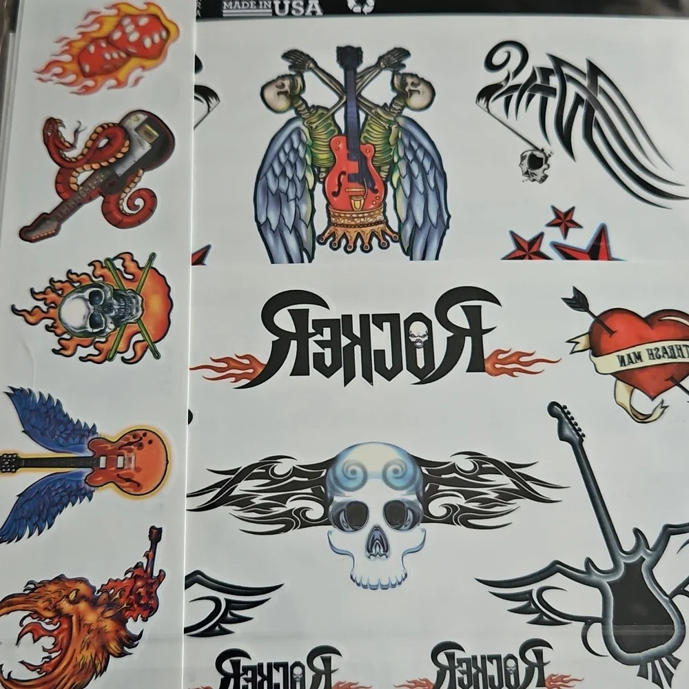 Rock Star Temporary Rocker Tattoos guitar skull flames dice 80s party favors